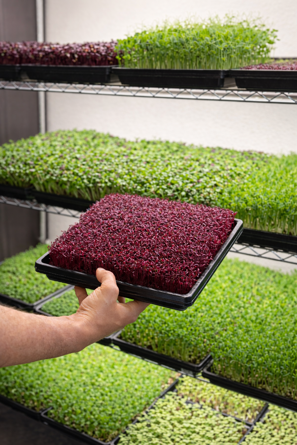 Im Tray verwurzelte Microgreens – frisch für die Küche